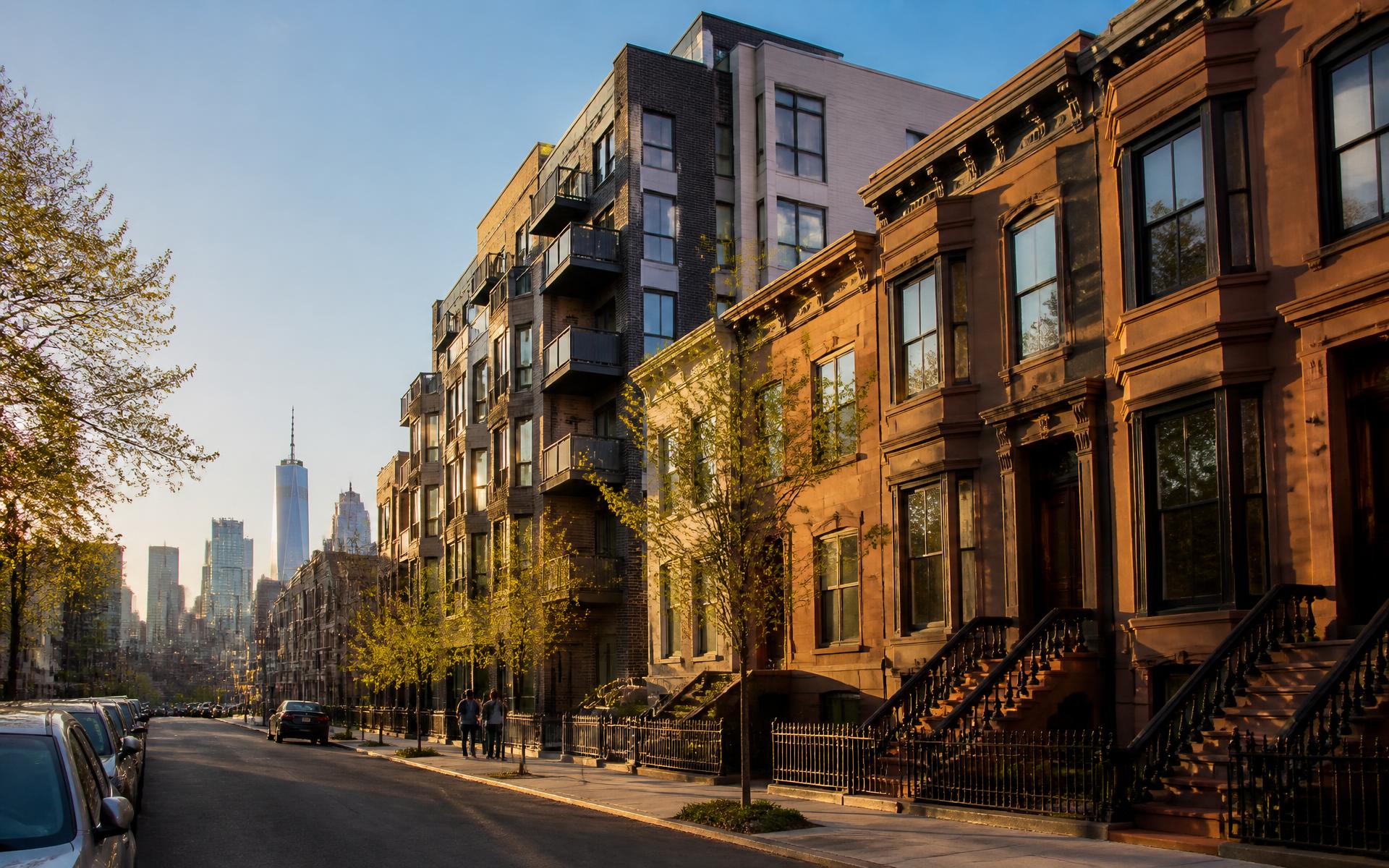 Residential and commercial buildings in the five boroughs at golden hour
